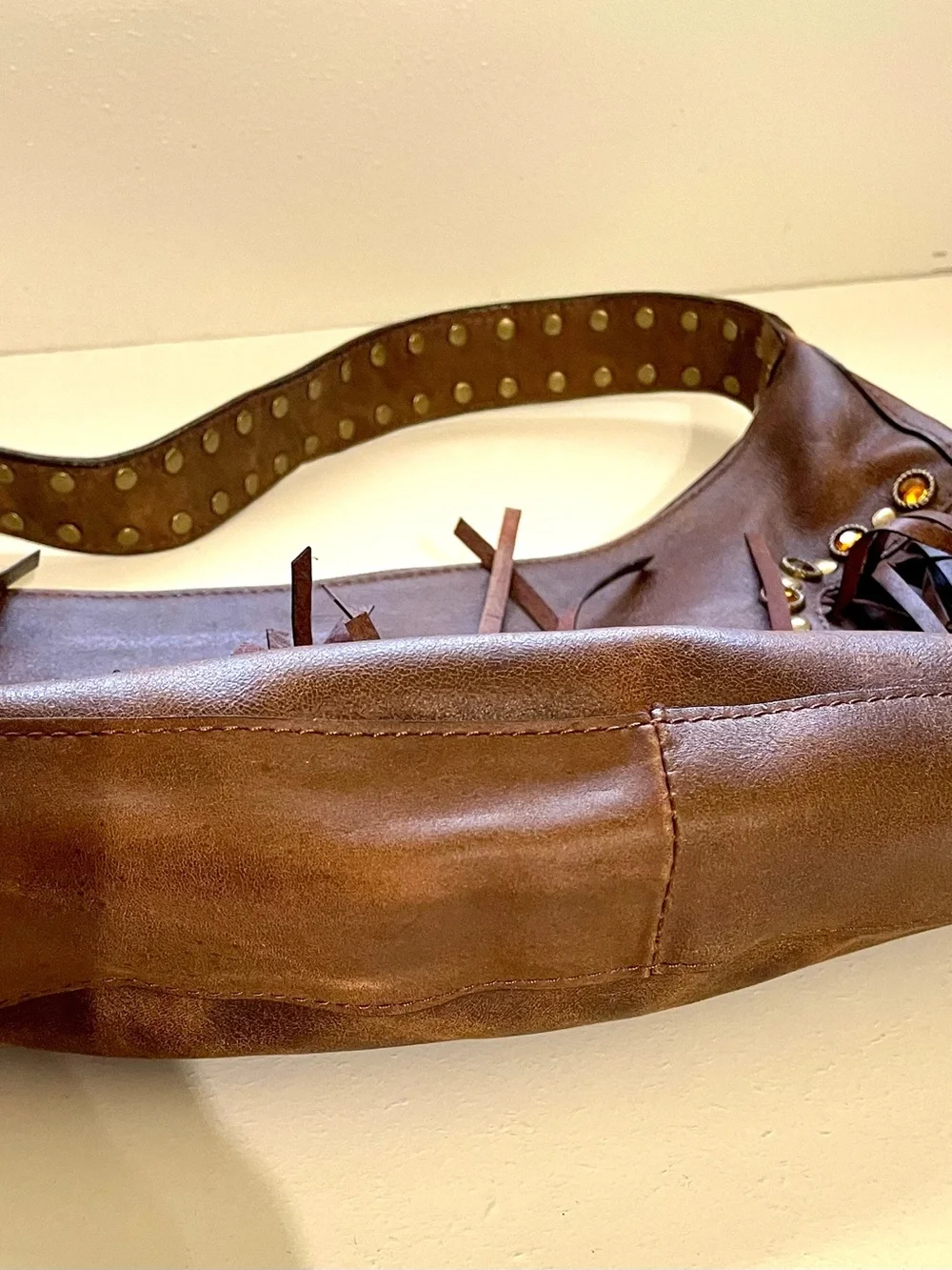 3D Belt Co Brown Leather Fringe Rhinestone Studded Hobo Bag Western NWT Purse
